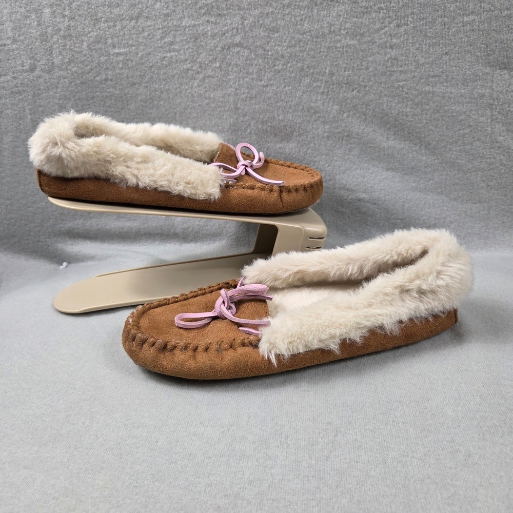 Vineyard Vines Moccasin Slippers Womens 8 Brown Excellent Faux Fur Lined Bows